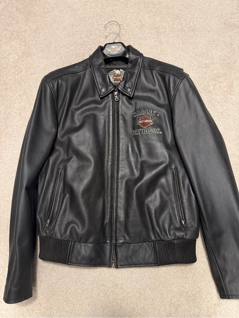 Harley-Davidson Black Leather Bomber with Embroidered Logo